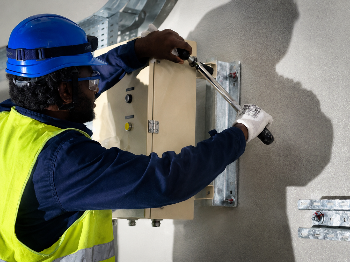 Técnico da Epicentro Inspirador a ajustar quadro elétrico em obra
